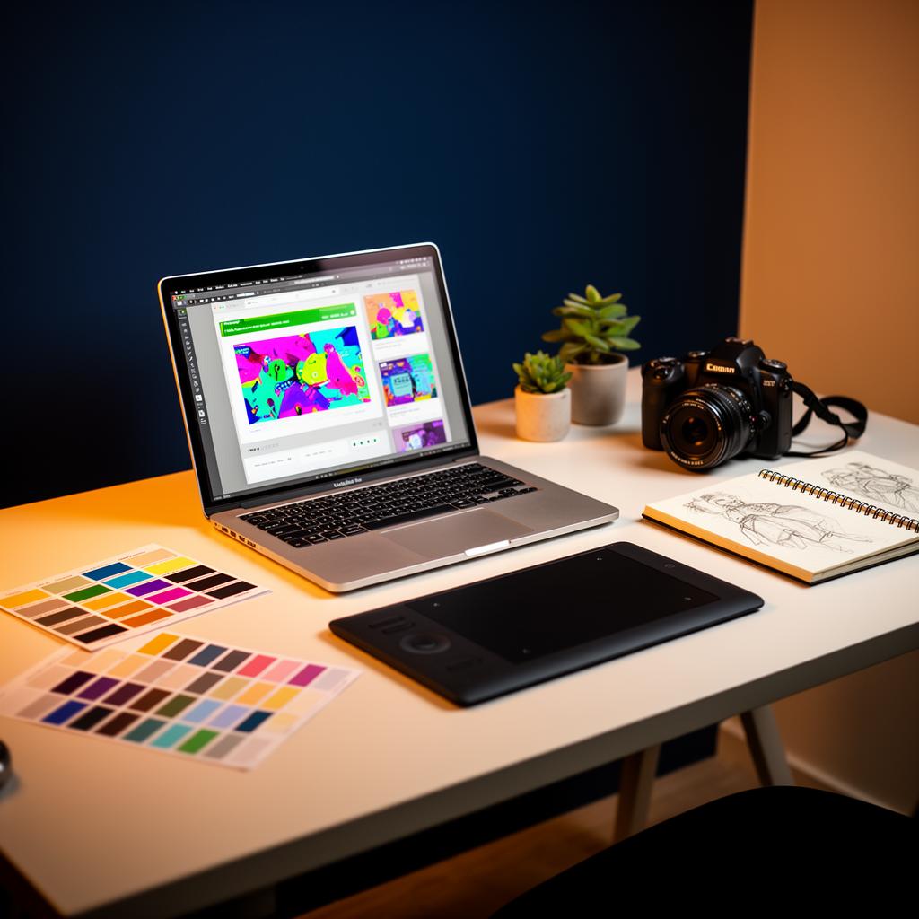 A creative designer's workstation with refurbished laptop, tablet, color swatches and camera