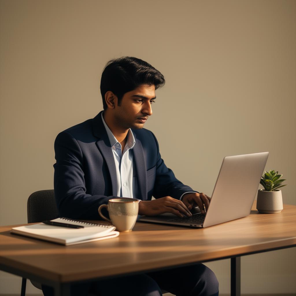 A focused professional working on a refurbished business laptop in a clean home office
