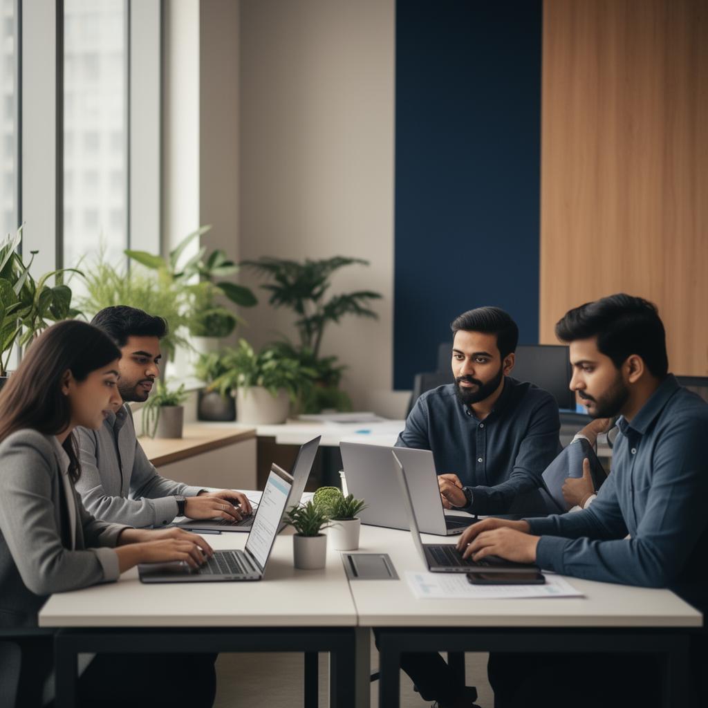 A small team collaborating in a modern office with multiple business laptops