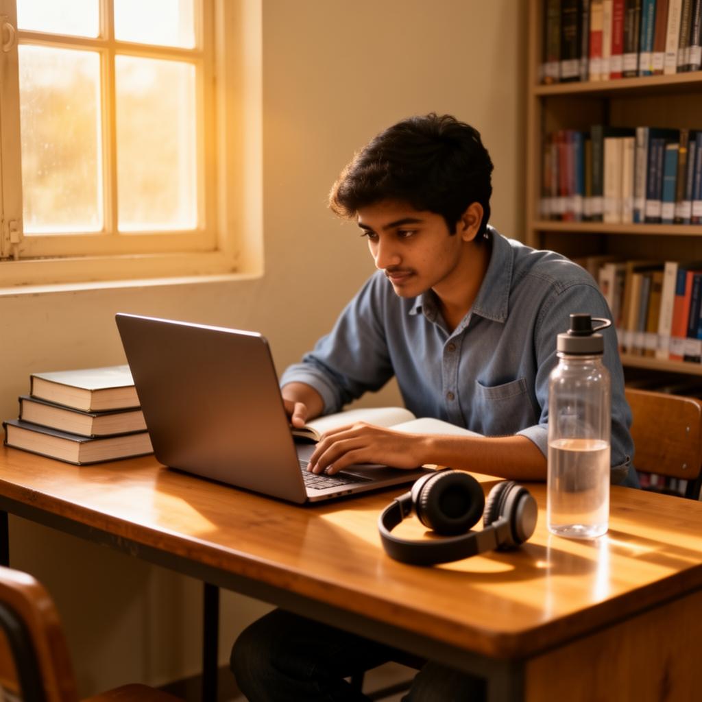 An Indian college student studying with a refurbished laptop by a sunlit window